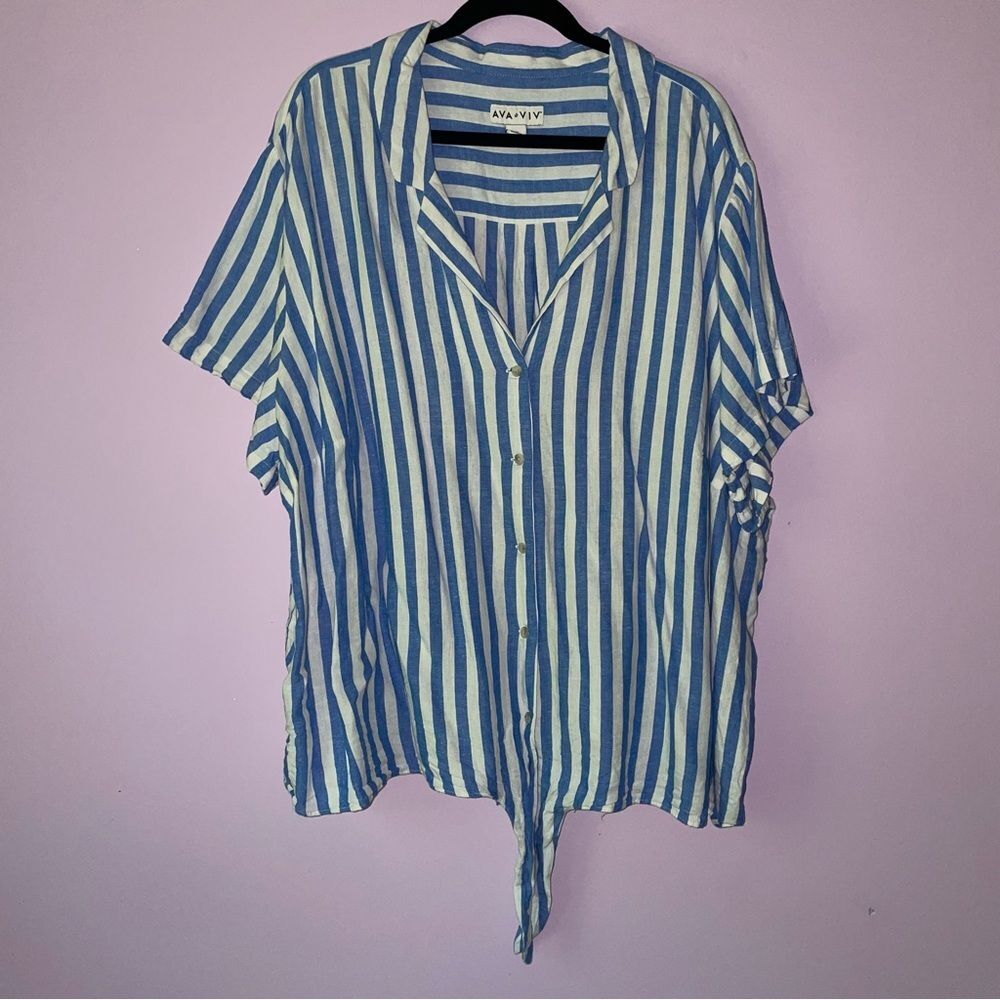 Ava + Viv Size 4X Linen Blend Striped Tie Front Top Coastal Fisherman Preppy